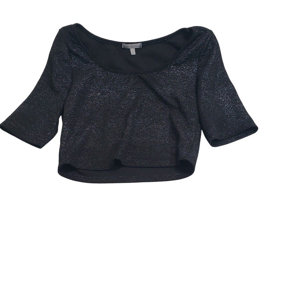 Charlotte Russe Women Crop Top M Black Sparkly Shimmer Short Sleeve Scoop Neck